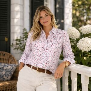 Chaps Floral Button Down Shirt XL No Iron Cotton Red Blue Classic